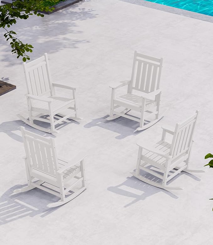 SERWALL Oversized Outdoor Rocking Chair Set of 4, HDPE Rocker for Adults, Patio Rocking Chairs for Porch, White