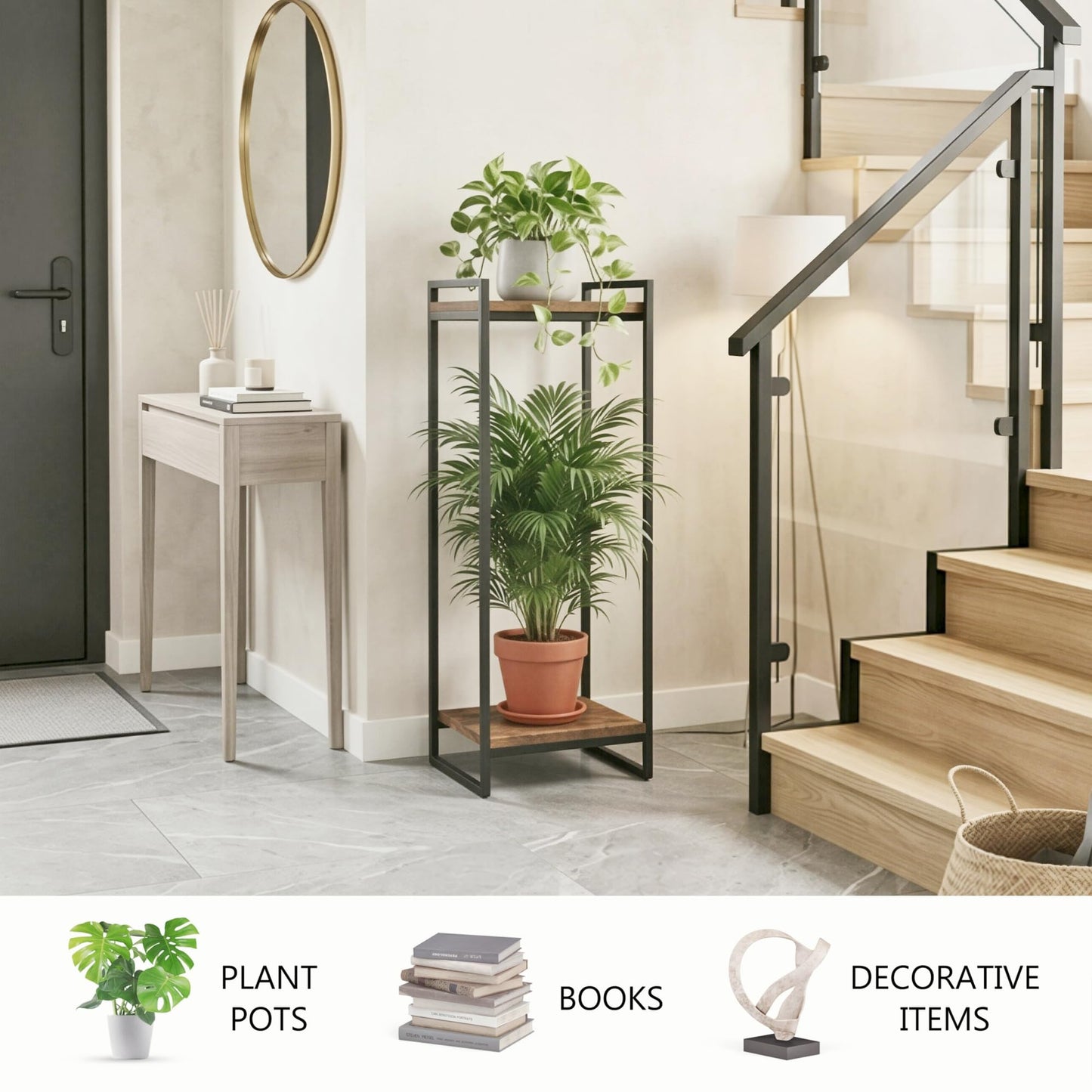 FONHAYE 34" Tall Plant Stand Indoor, 2-Tier Modern Plant Shelf Corner Flower Pot Holder Organizer for Living Room Balcony Garden, Rustic Brown