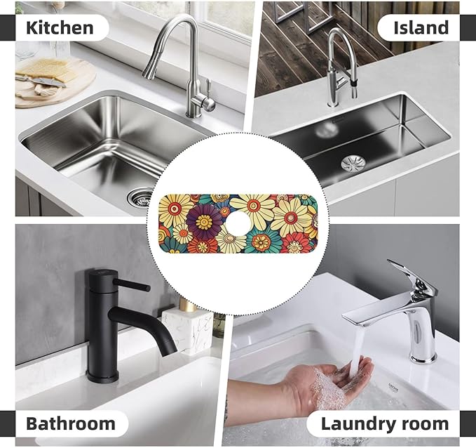 Kitchen Faucet Mat 15 x 5.5 Inch Abstract retro flower Faucet Draining Mat