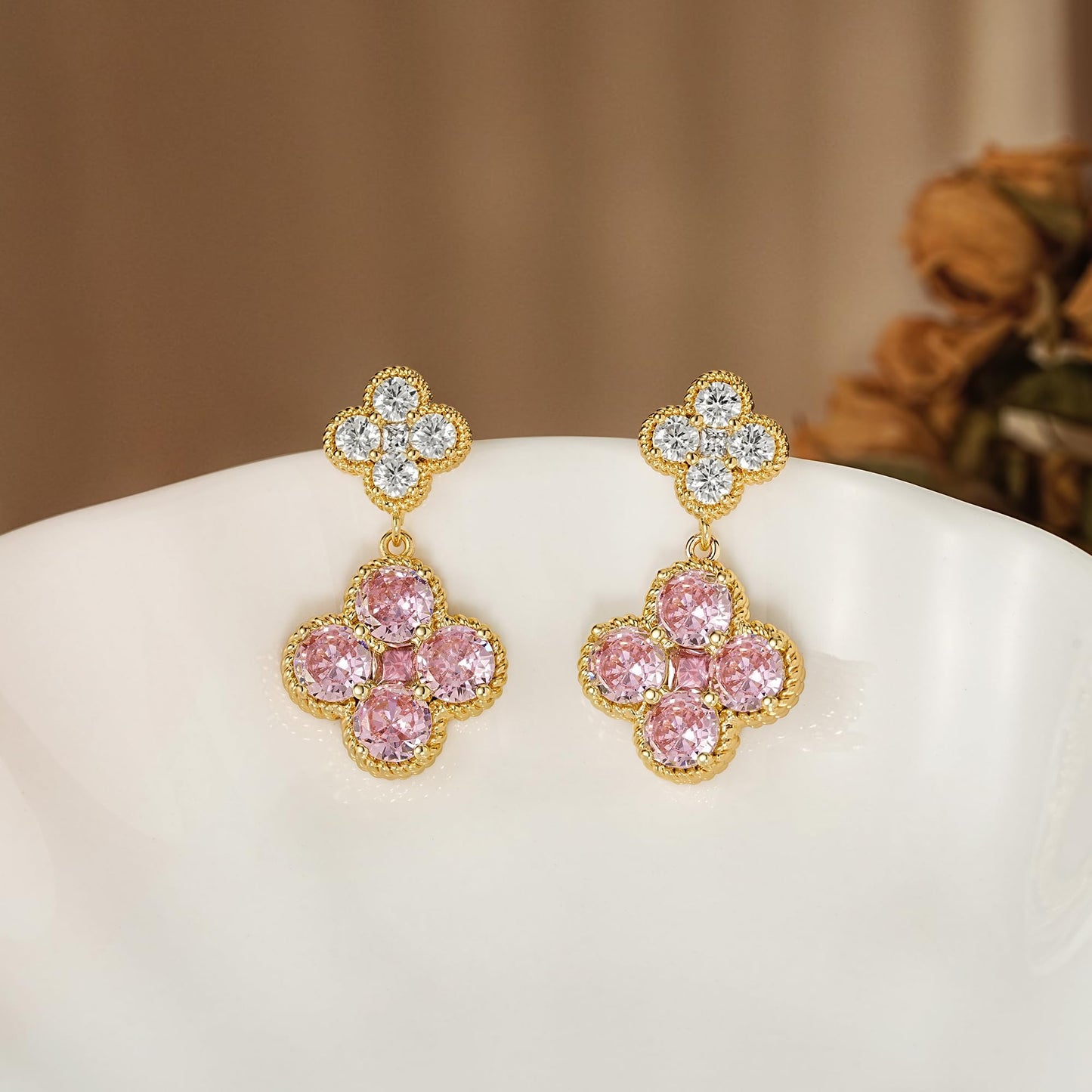 MTMY Dangle Earrings for Women 14K Gold Plated Four Leaf Clover Dangling Drop Birthstone Stud Earrings Trendy Flower Birthstone Jewelry Birthday Gifts(October)