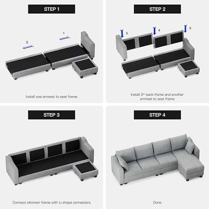 Belffin Sectional Couch with L-Shape Chaise L Shaped Couch with Ottoman