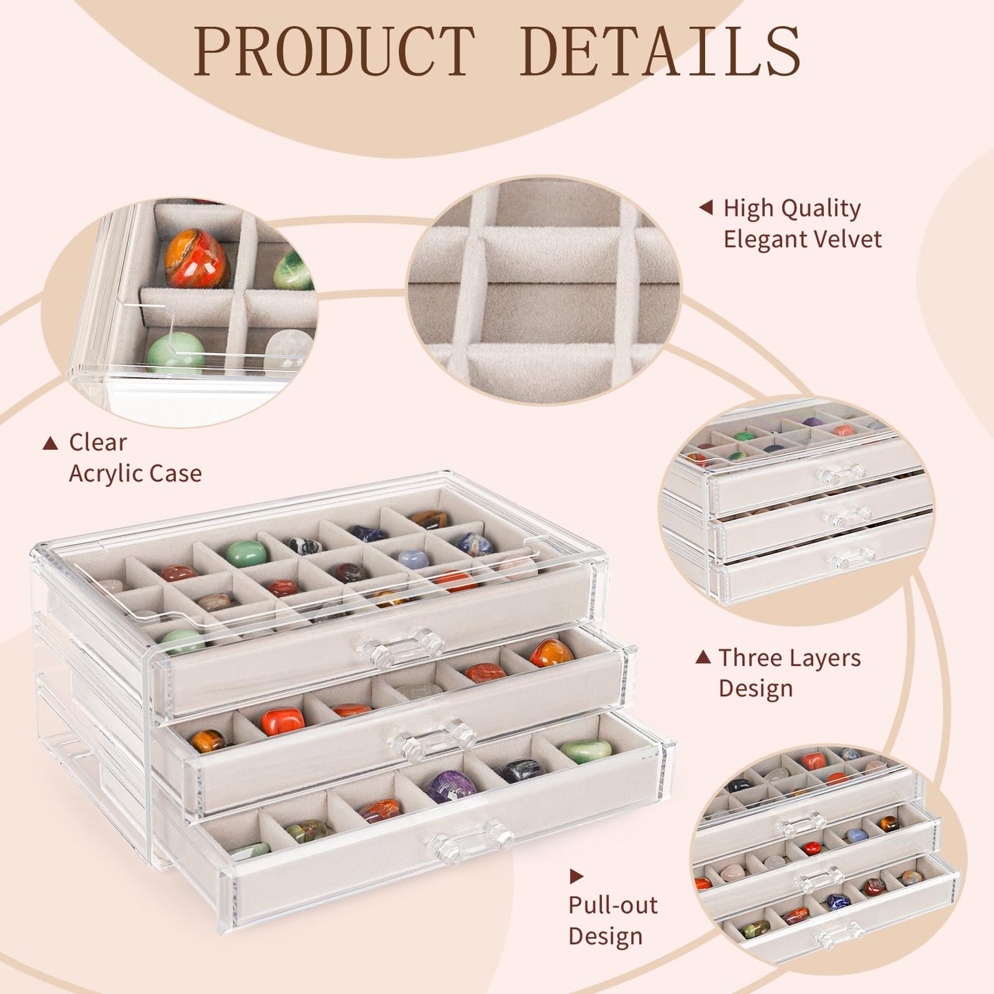 Bfttlity Acrylic Rock Display Case,54 Grids Rock Collection Box for Kids with Mini Magnifying Glass and Gloves, Clear Display Cases for Stones Collectibles Gemstone Crystals Storage Boxes