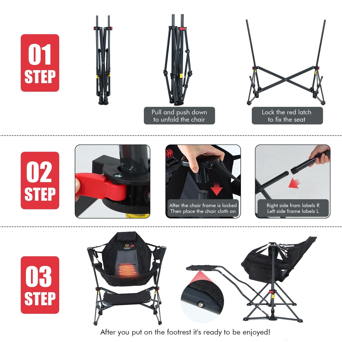 Nice C Heated Hammock Camping Chair with Footrest, Heated Camping Chair with Battery, Rocking Swing Chairs, Hammock Chairs with Stand, Heavy Duty (1, Heat Black W/Footrest)