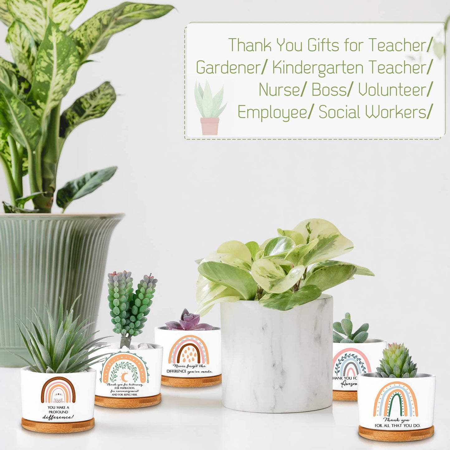 Sieral 6 Pcs Thank You Employee Appreciation Gift Succulent Pots Social Worker Gift Ceramic Plant Pot with Bamboo Tray Succulent Planter for Coworker Teacher, Plants Excluded (Boho Style)