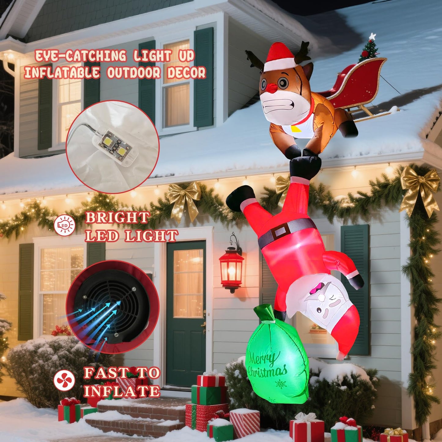8FT Hanging Christmas Inflatable Outdoor Decoration,Christmas Inflatables Reindeer Pulling Climbing Santa and Falling Gift Box Bags with Build-in LED Lights for Holiday Party Roof Balcony Window