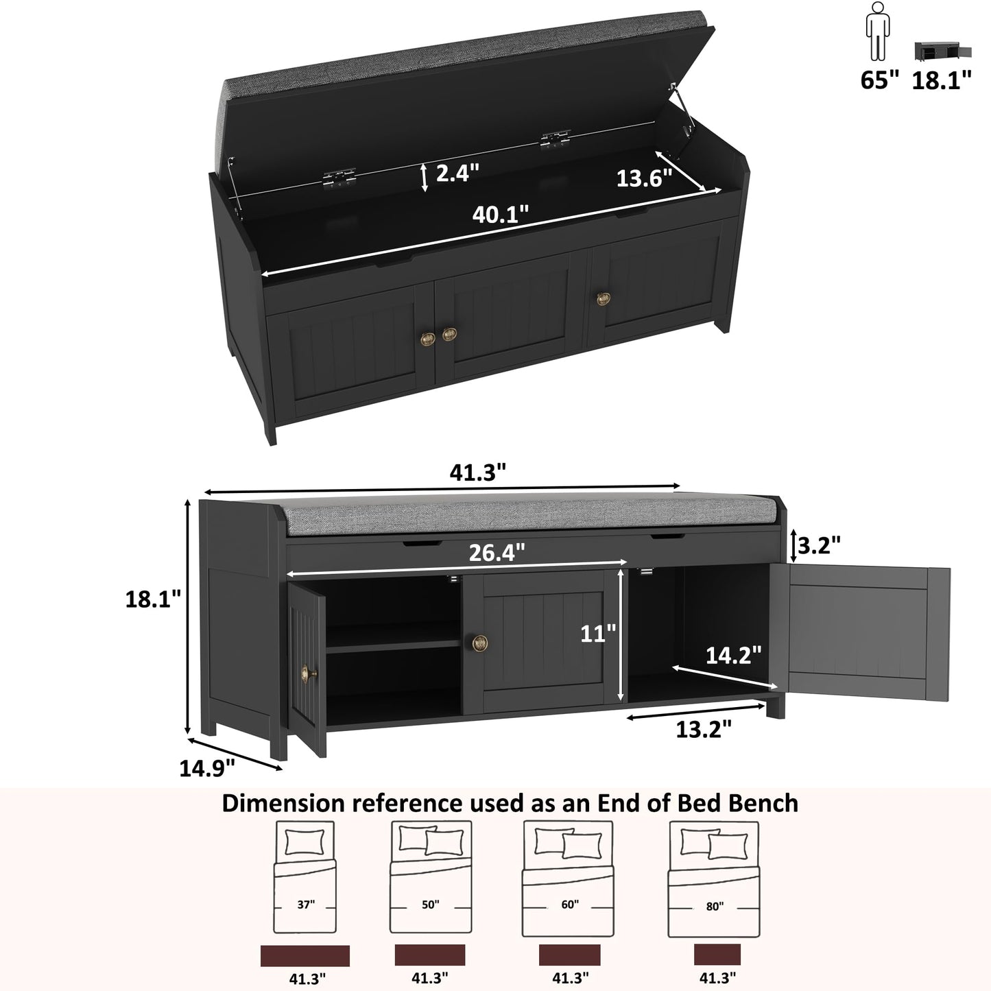 HOMEFORT 41.3" Shoe Bench with Lift Top Storage, Entryway Bench with Cushioned Seat, Wooden End of Bed Bench, Shoe Cabinet Bench with Hidden Storage Space, for Bedroom, Hallway,Black
