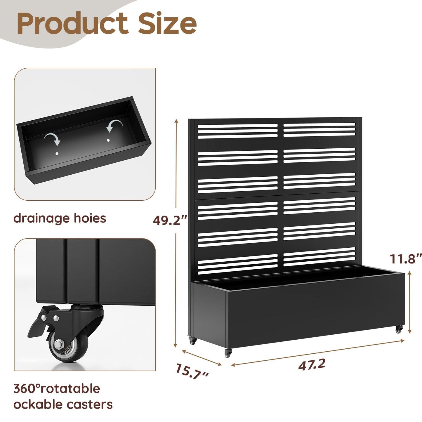 Metal Raised Garden Bed Trellis Large Outdoor Planter Box for Patio,Balcony Privacy Planters for Patio 48.4" x 47"x 15.7 Wheels Drainage Holes,for Climbing Vegetables,Flowers,Vines（Black）