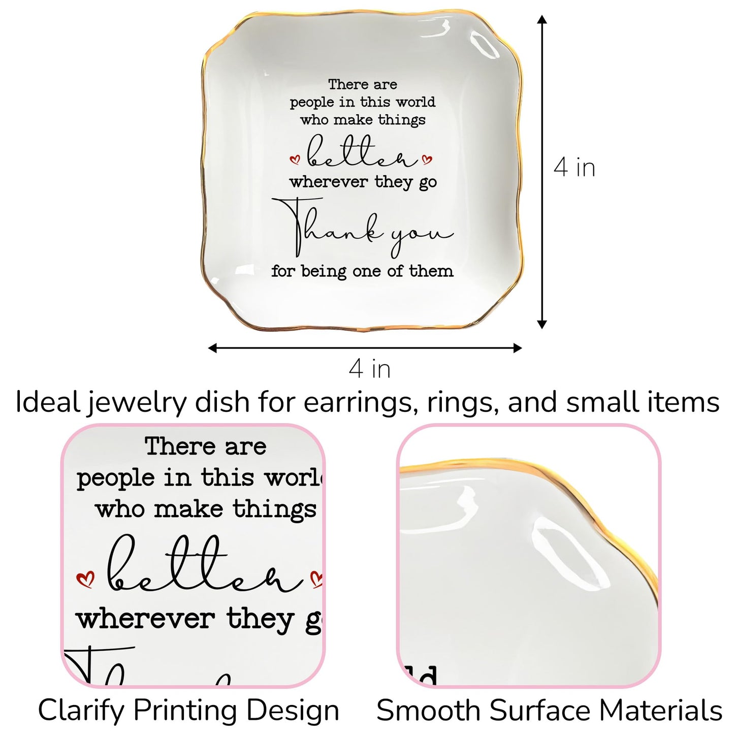 OASSIE Thank You Gifts for Women - 4"x4" Ceramic Jewelry Dish Tray
