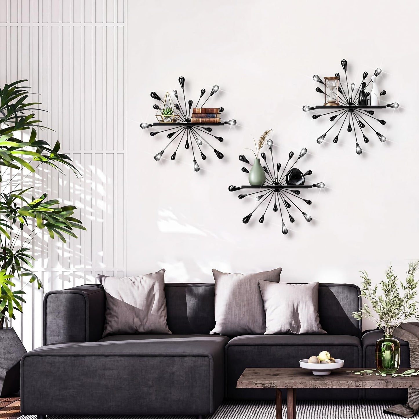 Yaocom 3 Pcs Bling Crystal Floating Shelves Metal Starbursts Wall Decor Folding Shelf Black Corner Shelves Hanging Wall Mounted for Storage Bedroom Bathroom Living Room Kitchen Office Home Decoration