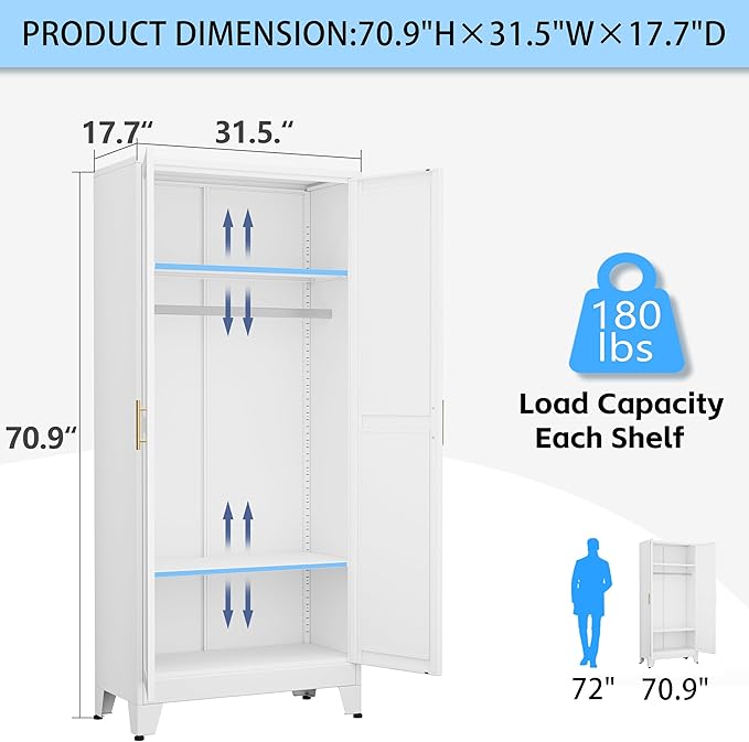 erosoei 71 "Metal Armoire Wardrobe Closet, Steel Clothing Storage Cabinet