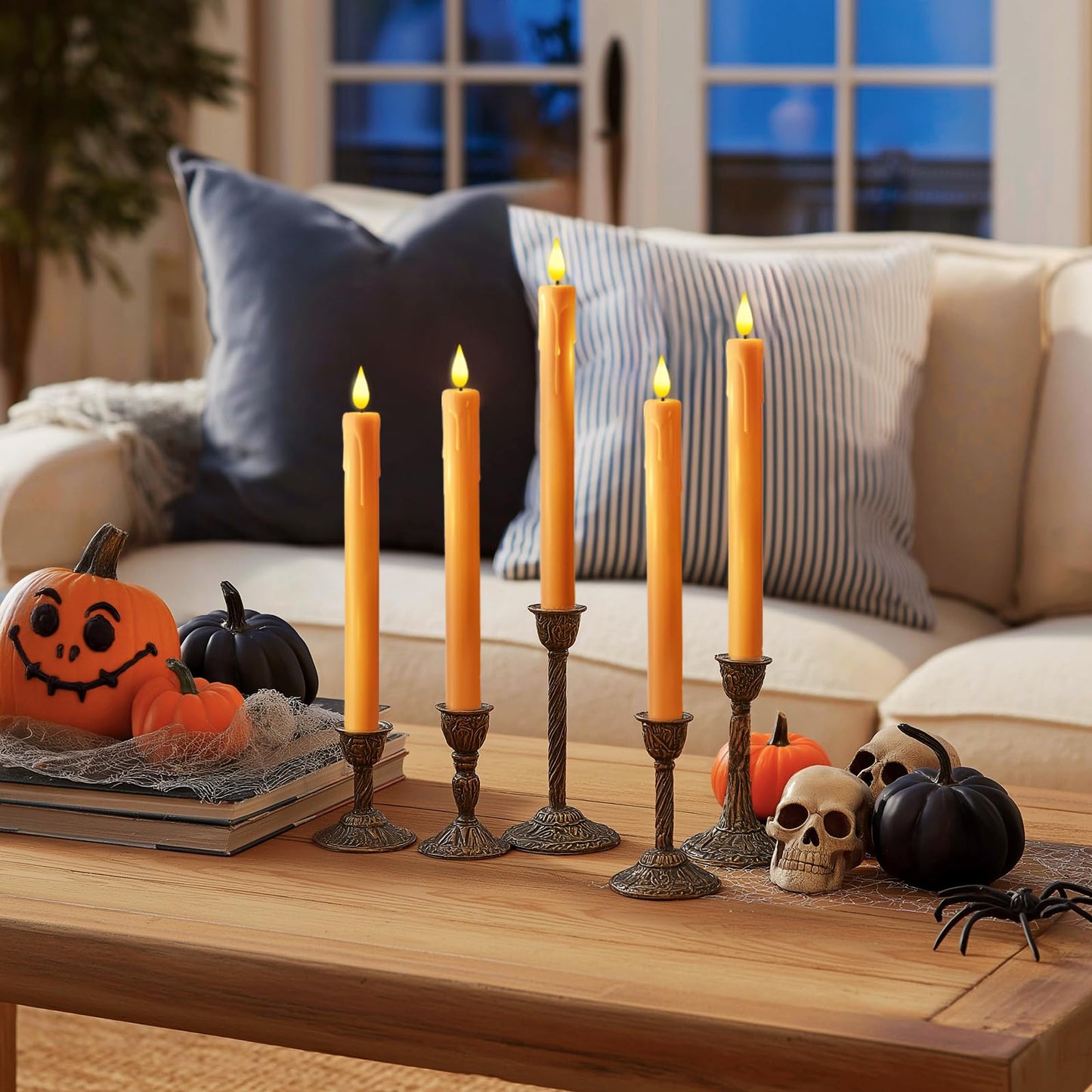Homemory 6 Pcs Orange Flameless Taper Candles with Remote, Timer, Dimmer, Battery Operated CandleSticks with Flickering Light, Plastic Led Window Candles, for Halloween Decoration 9.6 Inches