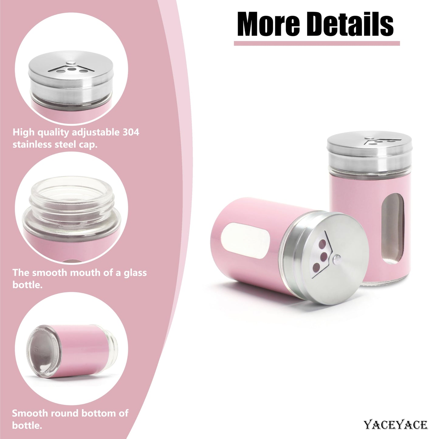 YACEYACE Salt Shakers for Kitchen, 6Pcs Modern Stainless Steel Shaker Set, Salt and Pepper Shakers with Holes, 3oz Pink Powder Sugar Shaker Suster