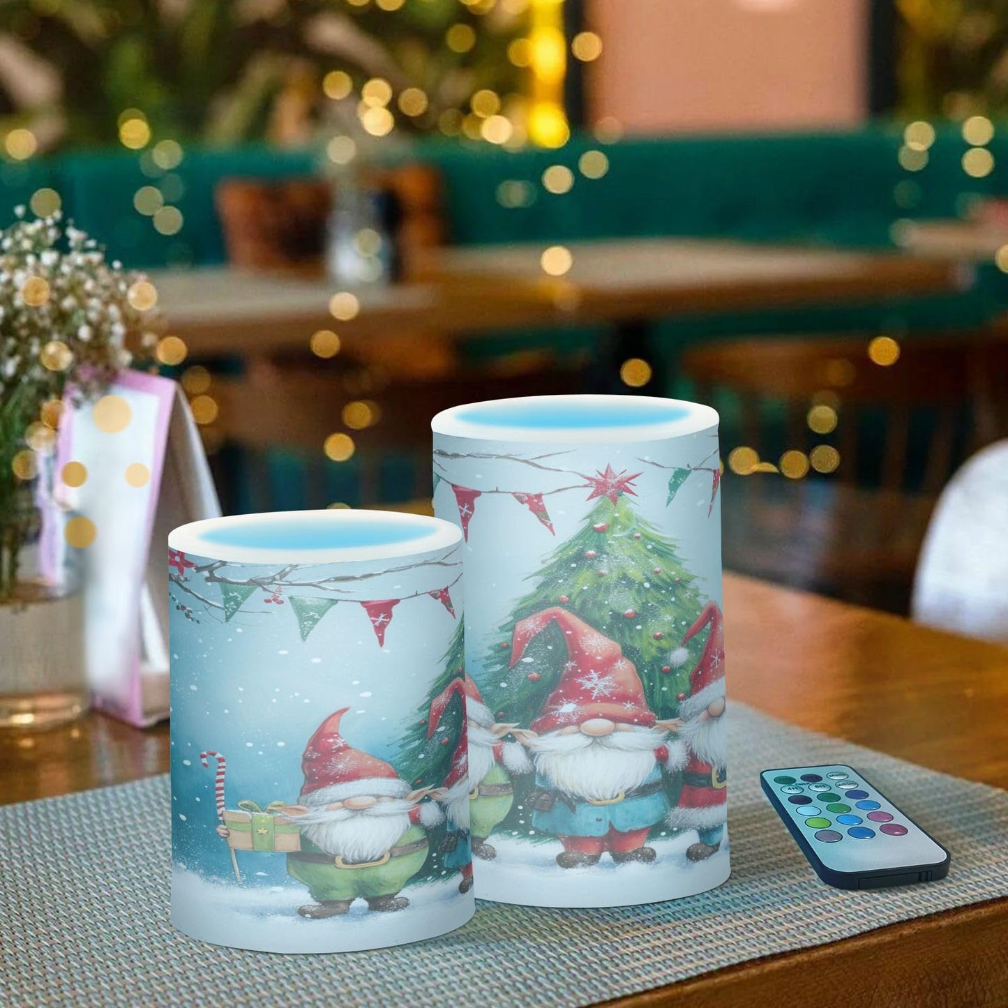 ALAZA Christmas Tree Winter Gnomes Flickering Flameless Candles Battery Operated with Remote Timer,Tea Light Candles LED Pillar Votive Candles Set of 2 for Outdoor Indoor Decorations