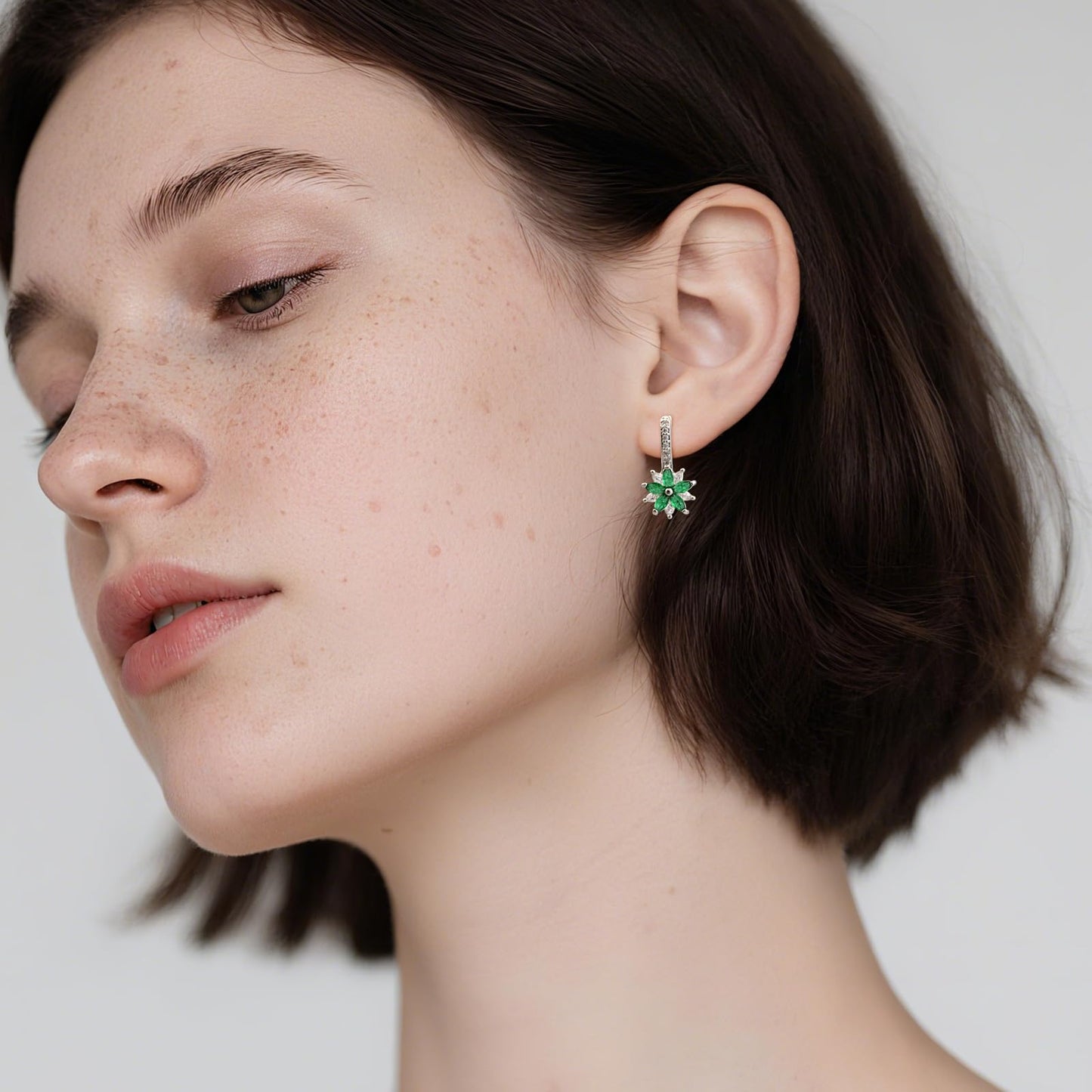 Watforsh 925 Sterling Silver Flower Earrings for Women Dangling Leverback Earrings with Emerald and White Crystal Double Floral