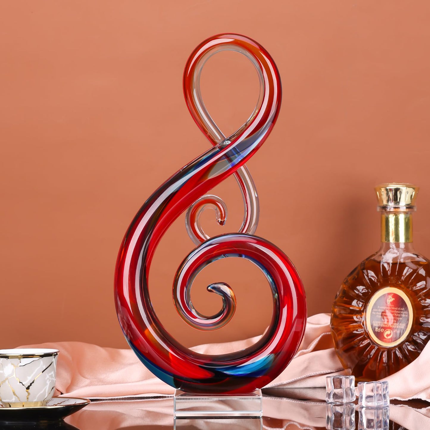 LCCCK 13" H Large Glass Sculpture Red Hand Blown Glass Figurines Art Music Decor, Modern Red Glasses Decor Crystals Statue Knick Knacks- for Luxury Home Living Room Office Console Table Decoration