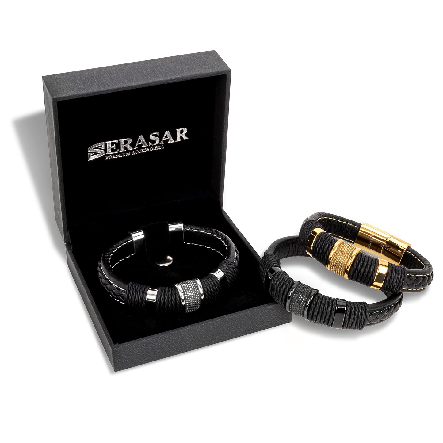 SERASAR Hombres Pulsera de cuero negro 23cm Brazalete Hombre Regalo Caja envuelta en genuina multicapa para Cierres magneticos Joyas