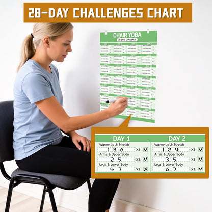 Chair Yoga Poster Set for Seniors & Beginners-3 Illustrated Guides,1 28-Day Challenges, 8 Double-Sided Clips &1 Dry-Erase Marker, 36 Poses Wall Chart Includes Postures, Instructions & Breathing Tips