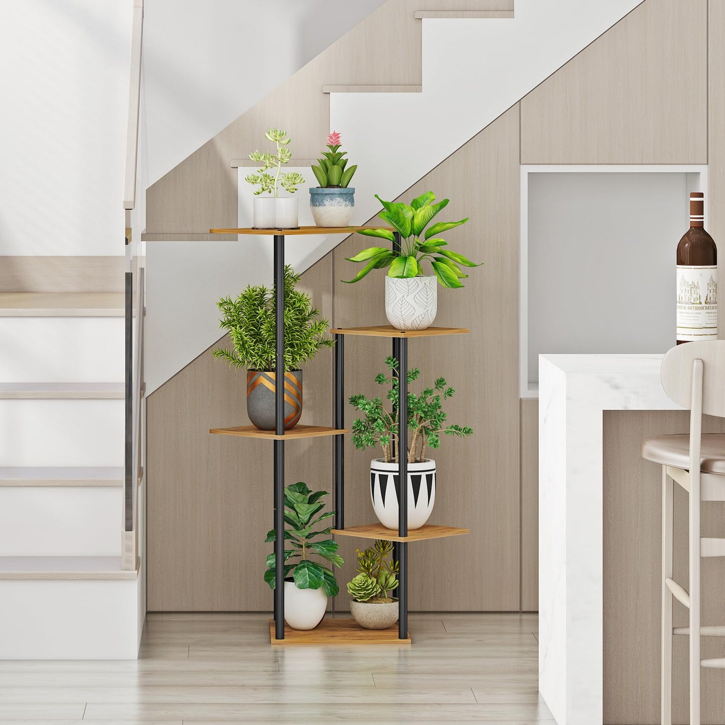 HAYOFAMY 5 Tier Plant Stand Indoor, Tall Plant Shelf Metal Wood Multiple, Flower Pot Holder for Living Room Office Balcony Patio, Rustic Brown