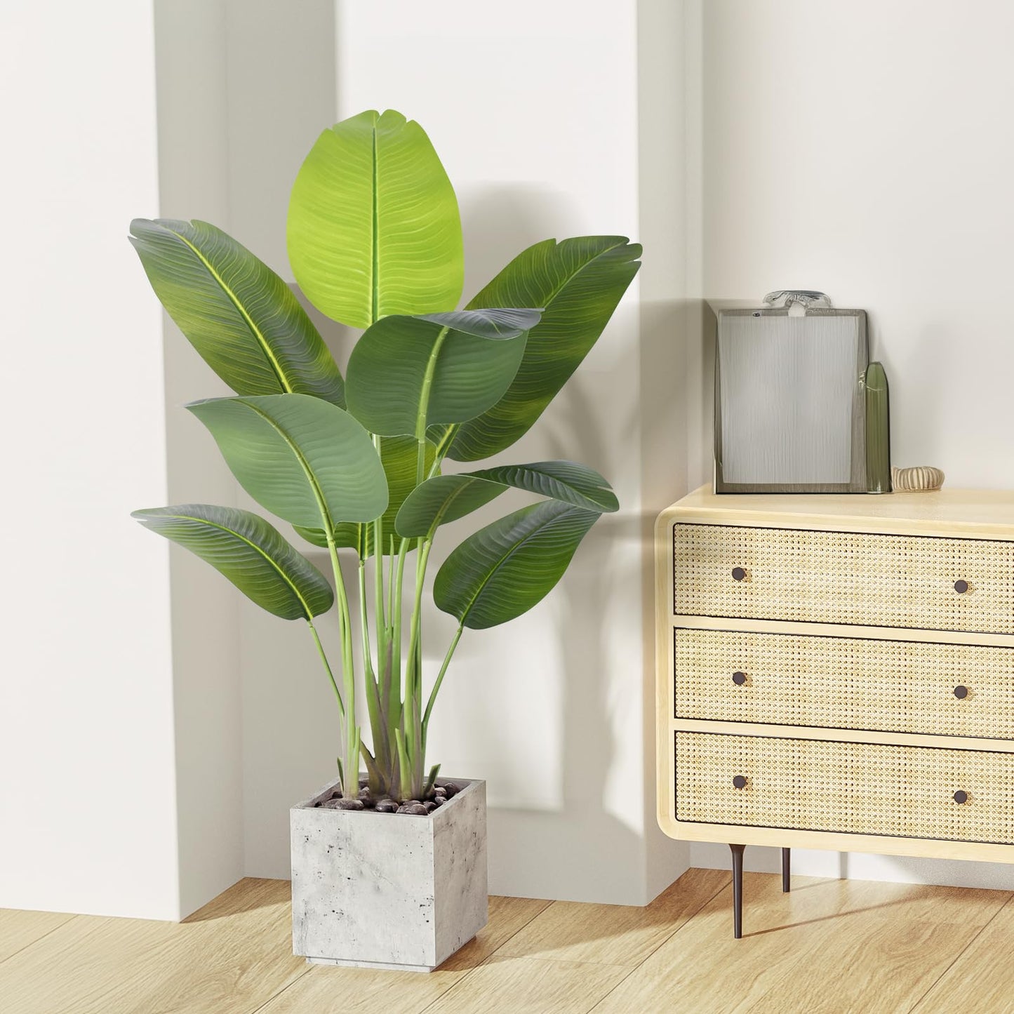 ZEEOZE Artificial Bird of Paradise Plant 4Ft Tall Fake Tropical Palm Tree Large Fake Plants with 9 Silk Banana Leaves Faux Plant Indoor Decor Trees with White Pot for Home Bedroom Living Room Office
