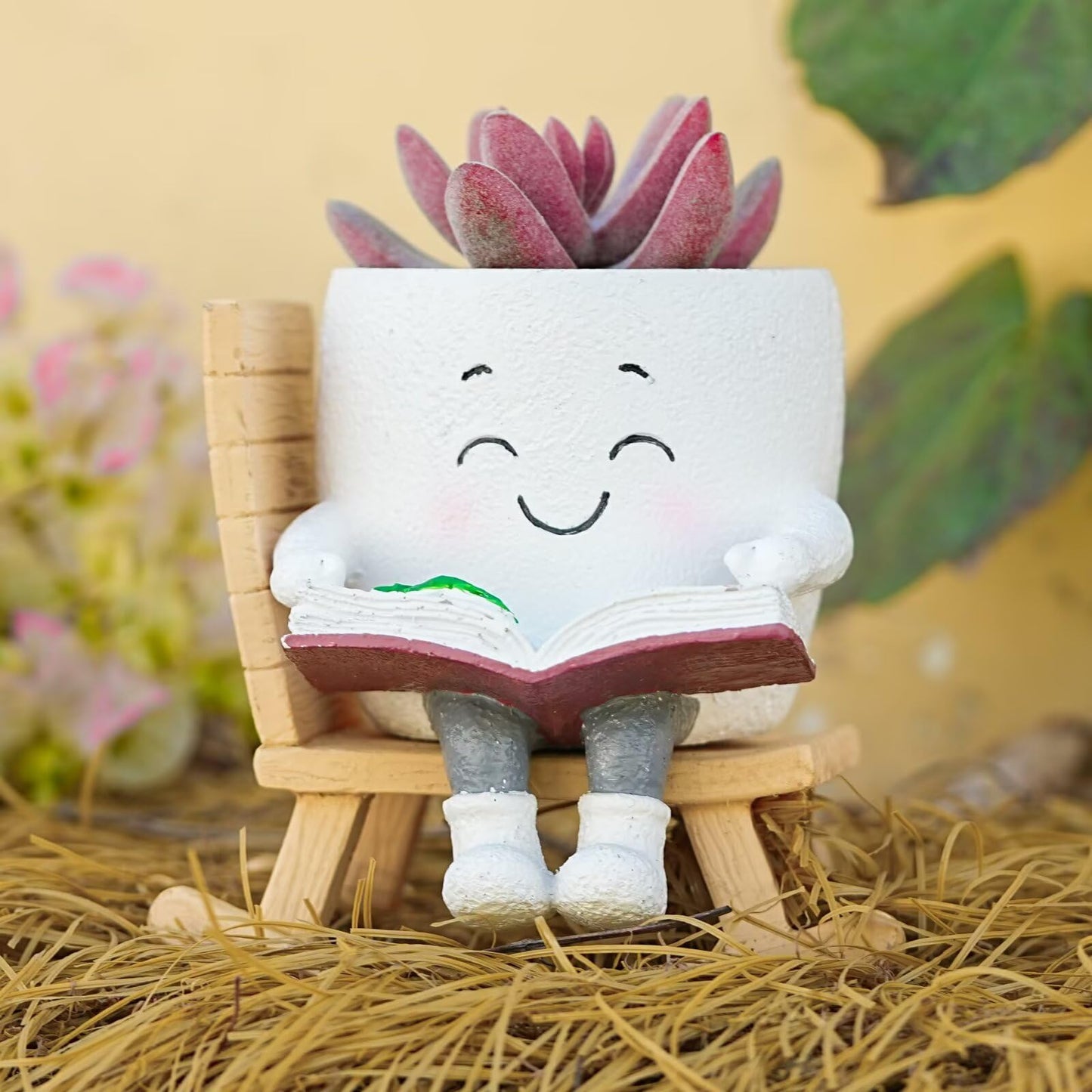 SeoatLink Cute Plant Pots Head Planters, Funny Rocking Chair Reading Book Planter Cactus Face Pot with Drainage Hole for Indoor Outdoor Plants, Gift Idea for Mother Appreciation Christmas