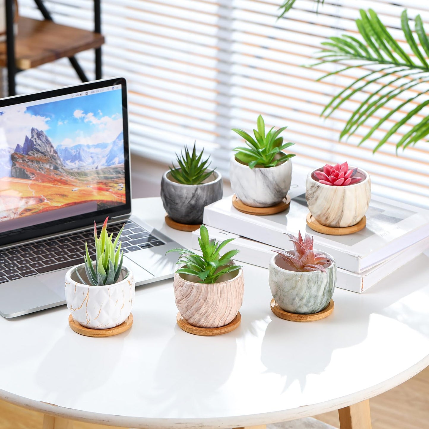 Ziliny Marbling Ceramic Flower Pot 3.35 Inch Succulent Small Plant Cactus Herbs Planter Ceramic Pot with Drainage Hole Matte Round Container(6 Pcs,Elegance Style)