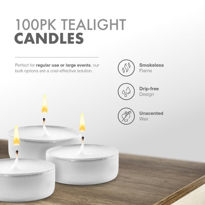 delka Unscented Tea Lights White- Long-Lasting 8 Hour Burn Time-Smoke-Free Bright Flame -Ideal for Weddings, Events, Aromatherapy, Home Décor, and Emergency Use-Premium Quality (White, Pack of 100)