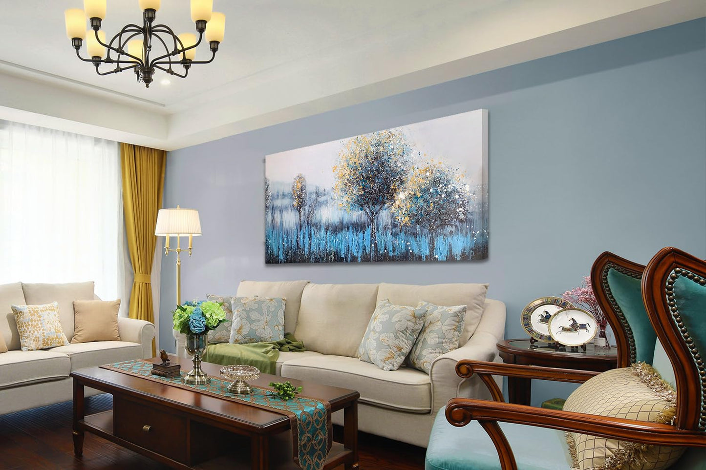 Arjun Tree Wall Art Canvas for Living Room Blue Tree of Life Nature Teal Abstract Textured Painting Picture Modern Panoramic Landscape Artwork Framed Bedroom Home Office Decor, Large Size 40"x20"