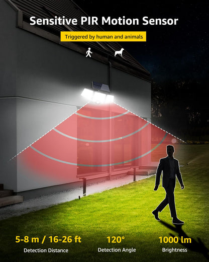 Lepro Solar Security Lights, 1000LM Solar Floodlights Motion Sensor with 360 Degree 3 Adjustable Heads, IP65 Waterproof, Wide Lighting Angle Solar Lights Outdoor for Yard Garage Pathway