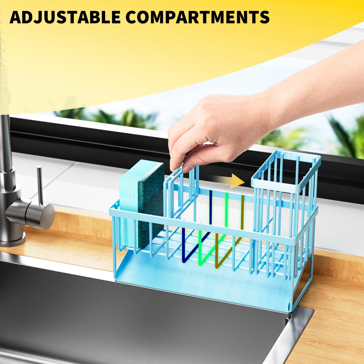 Cisily Kitchen Sink Caddy Organzier with High Brush Holder, Sponge Holder for Sink, 304 Rustproof Stainless, Kitchen Countertop Soap Dispenser Organizer, Kitchen Decor and Accessories