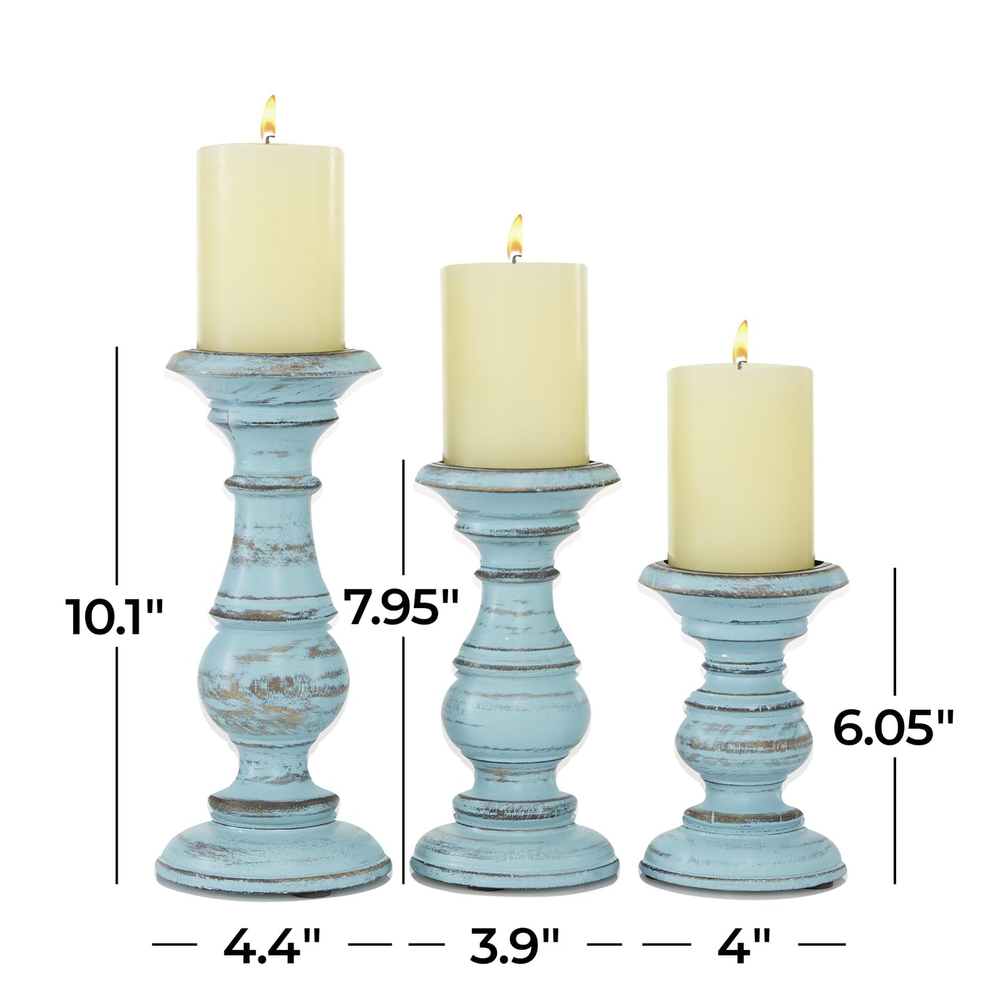 Deco 79 Mango Wood Decorative Candle Holder Distressed Turned Pillar Candle Stand, Set of 3 Candlestick Holder 6", 8", 10"H, Light Blue