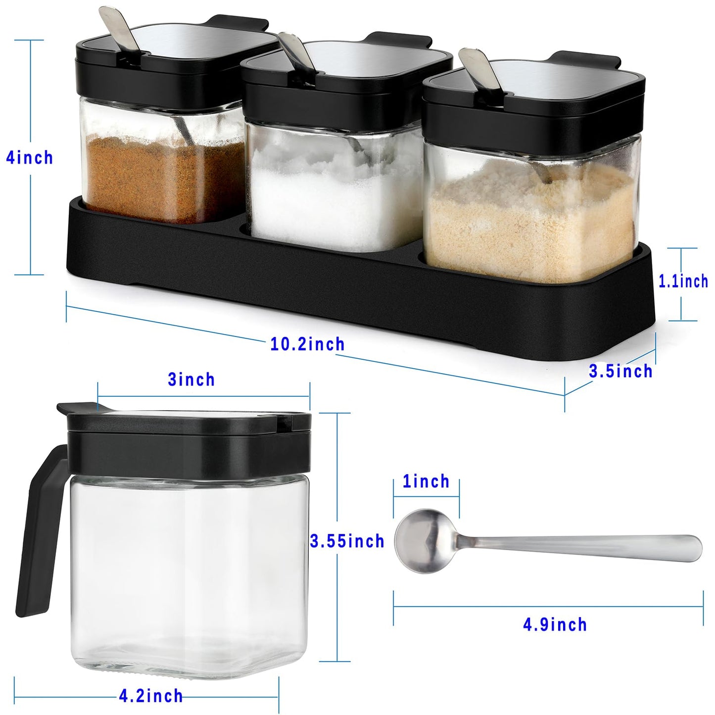 Mlici Condiment Jar Spice Container with Lids and Spoons, 8.6oz Clear Glass Condiment Canisters Pots Seasoning Box Salt Container Sugar Bowl Set of 3 for Kitchen, Containers, Black