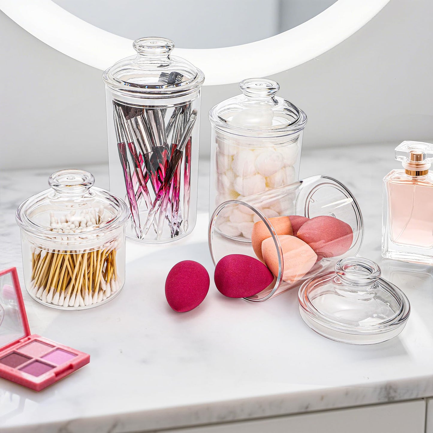 DEAYOU 4 Pack Clear Plastic Apothecary Jars, Plastic Storage Jar Canister with Airtight Lid, Cotton Ball Holder Bathroom, Candy Cookie Container Organizer for Bath Salt, Vanity, 33 Oz/23 Oz/13 Oz