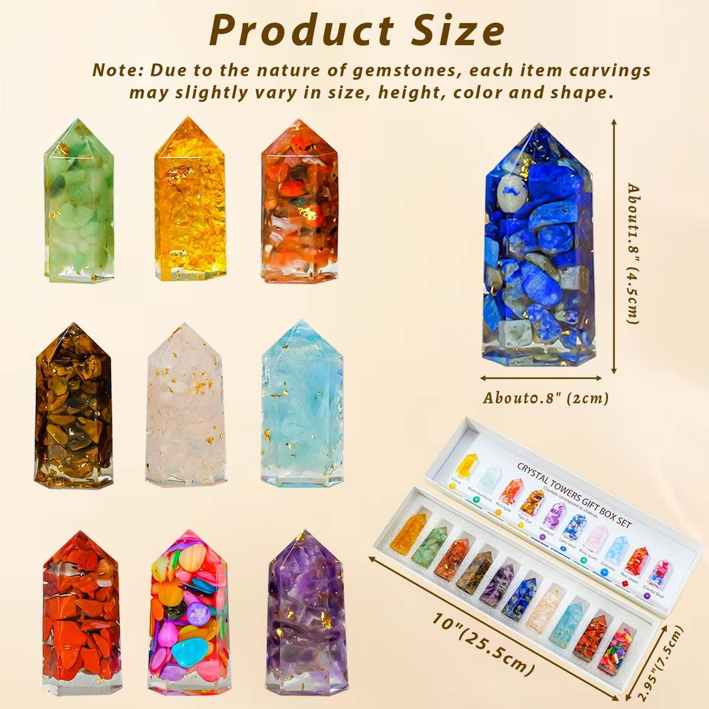 Runyangshi 10pcs Chakra Crystals Tower Set Handmade with Natural Crystal Gravel & Resin 6-Faceted Single Point Crystal Wand for Meditation Home Decor Gift (Chakra Set 10pcs C, 1.57"-1.96" (4-5cm))