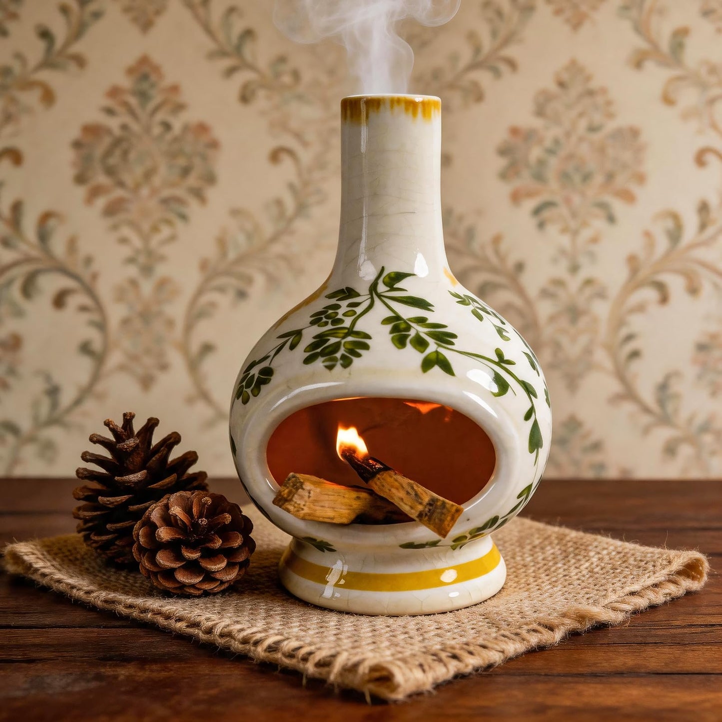 MOUGIGI Palo Santo Burner with Chimney-Unique Ceramic Incense Holder for Sage and Cones-Retro Ice Crackle Design-Perfect for Meditation,Yoga, Home Decor-Ideal Gift for Aromatherapy Lovers