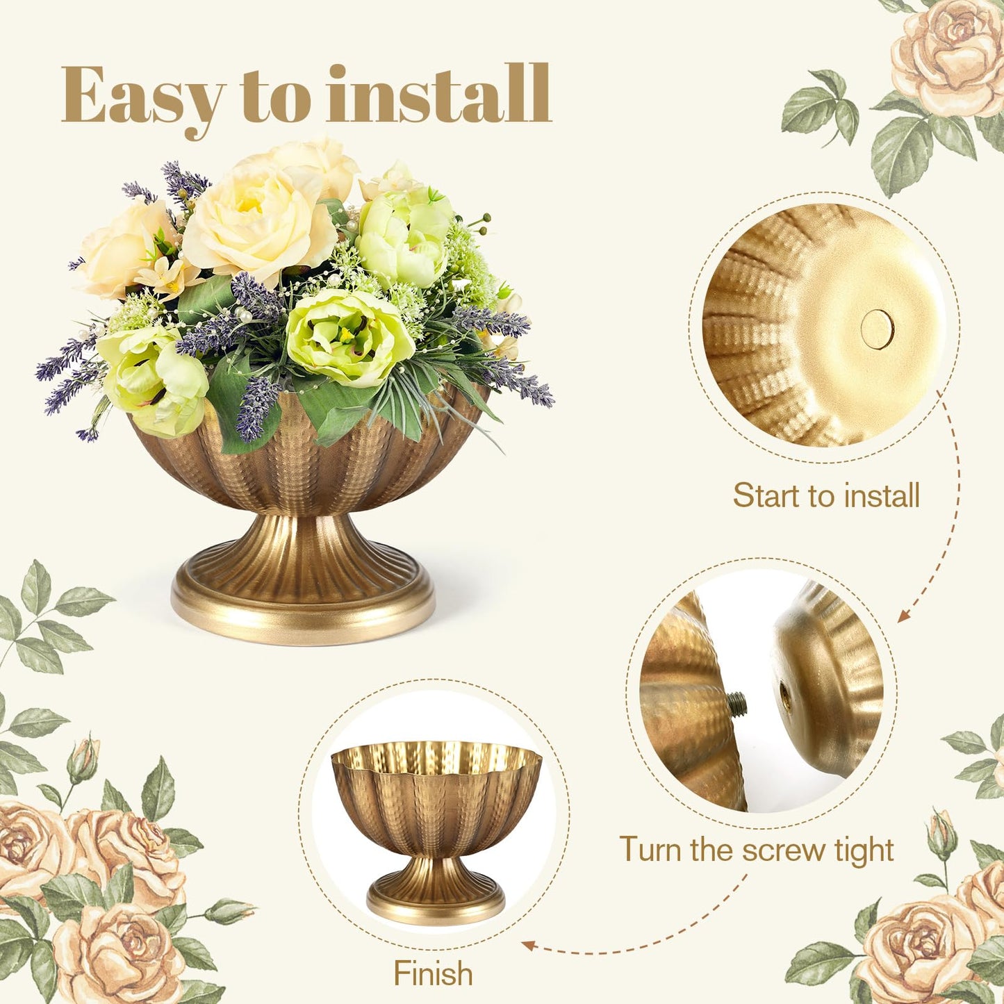 4 Pack Distressed Gold Compote Vases, 9"×6.5" Antique Pedestal Bowl with Waterproof Liner