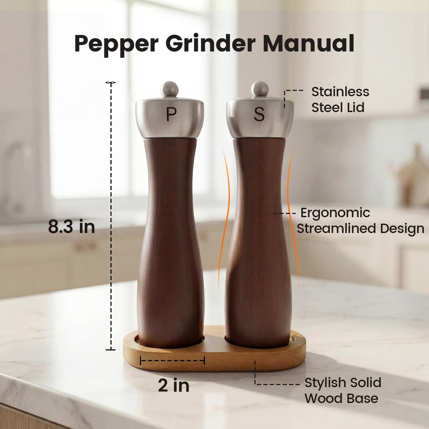 Newise Salt and Pepper Grinder Set, Manual Wooden Salt and Pepper Mills Shakers with Ceramic Core and Wooden Stand, Adjustable Coarseness, Refillable Salt Grinder for Home Kitchen