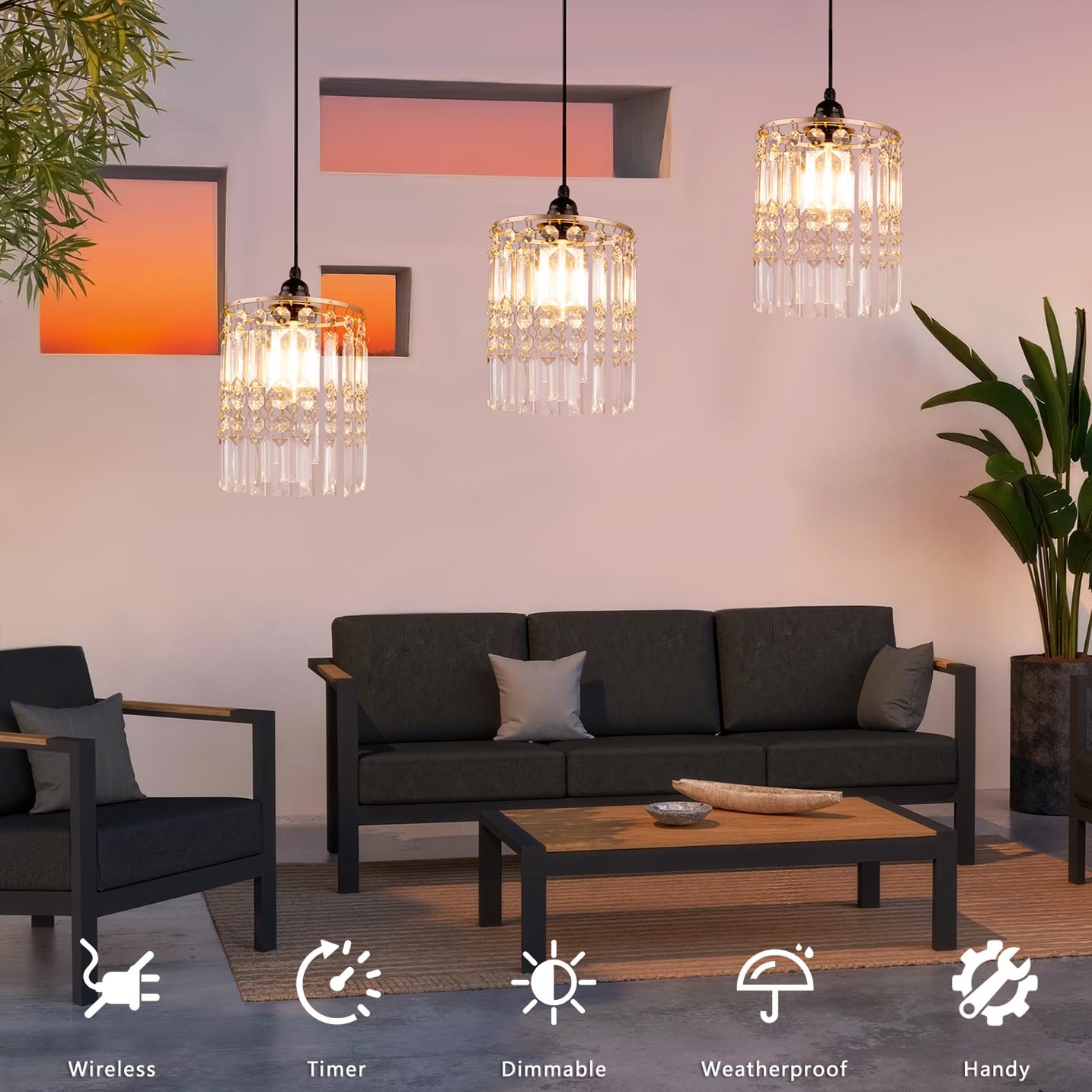 TWINKVILLA Battery Operated Chandelier, 3Pack Hanging Gazebo Lights, Acrylic Crystal Beaded Pendant Lights Outdoor Waterproof for Patio Tree Pergola Porch and Indoor Decor (3)