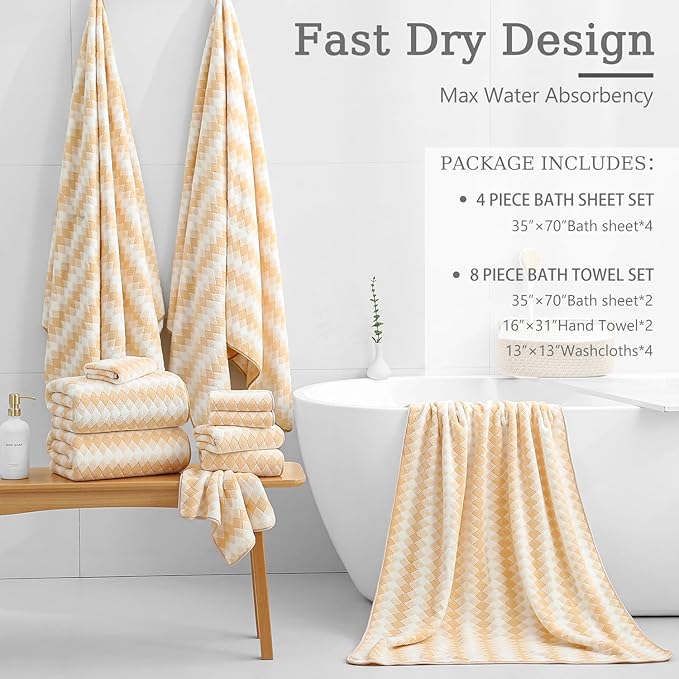 8 Piece Bathroom Towel Set |2 Oversized Bath Towels, 2 Hand Towels, 4