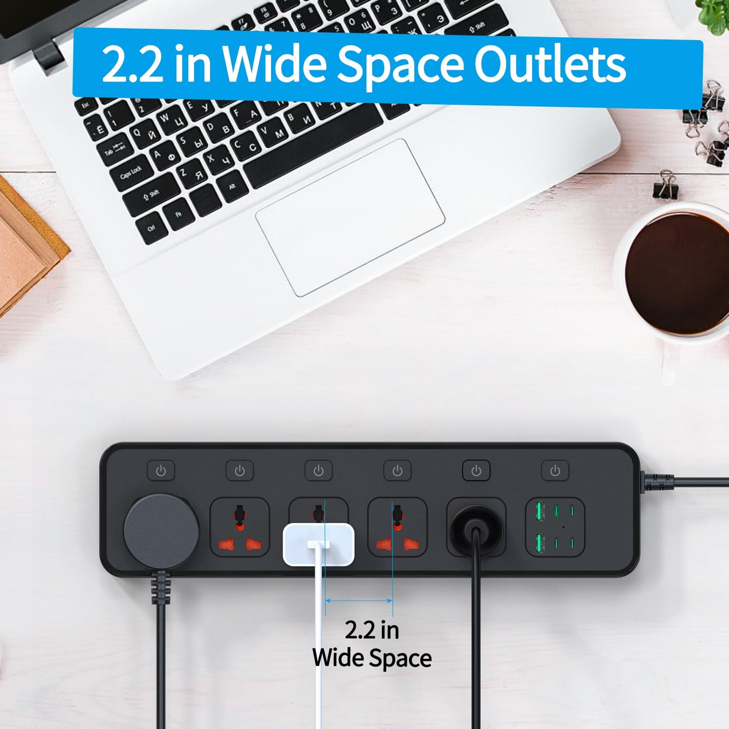 Flat Plug Power Strip with Individual Swtich, Jumpso 6ft Universal Extension Cord with 5 Outlets and 2 USB 4 USB C Ports, Max 3000w, 110-240v, Multiple Outlets Plug Adapter for Office Travel