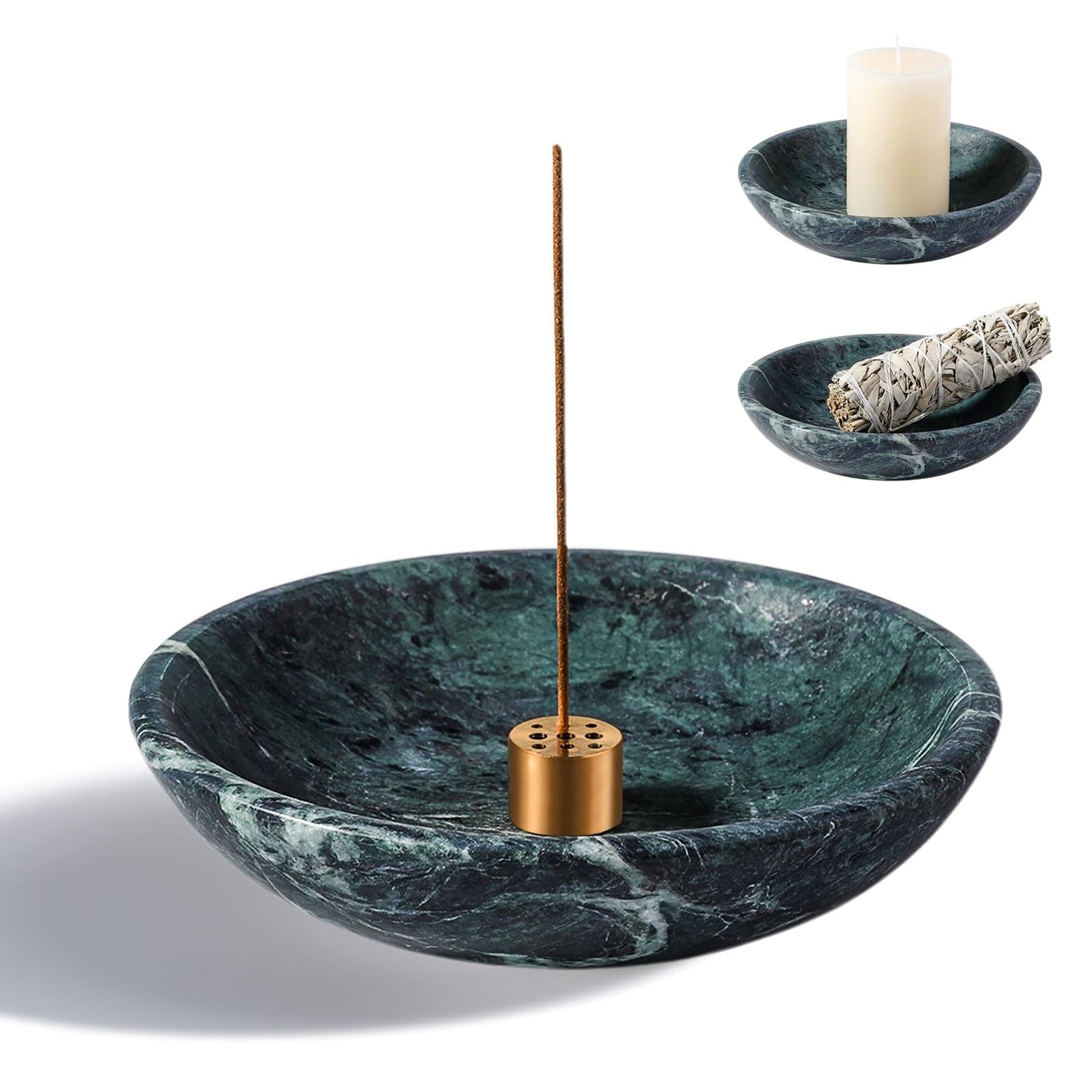 Koville Natural Marble Incense Holder, Incense Holder for Sticks with 9 Holes, Handmade Incense Burner Ash Catcher for Meditation Yoga SPA, Balsam Fir/Palo Santo/Sage/Cone (Green)