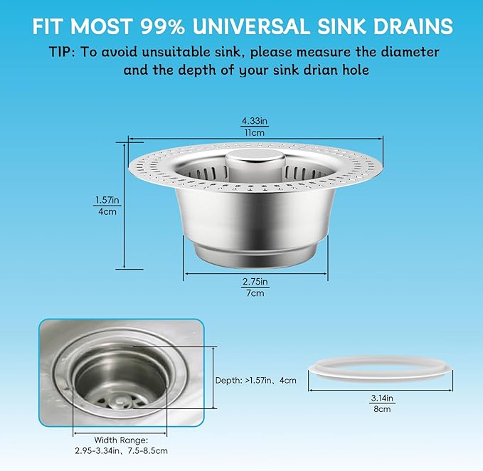 3 in 1 Kitchen Sink Drain Strainer, Upgraded Pop Up Kitchen Sink Stopper