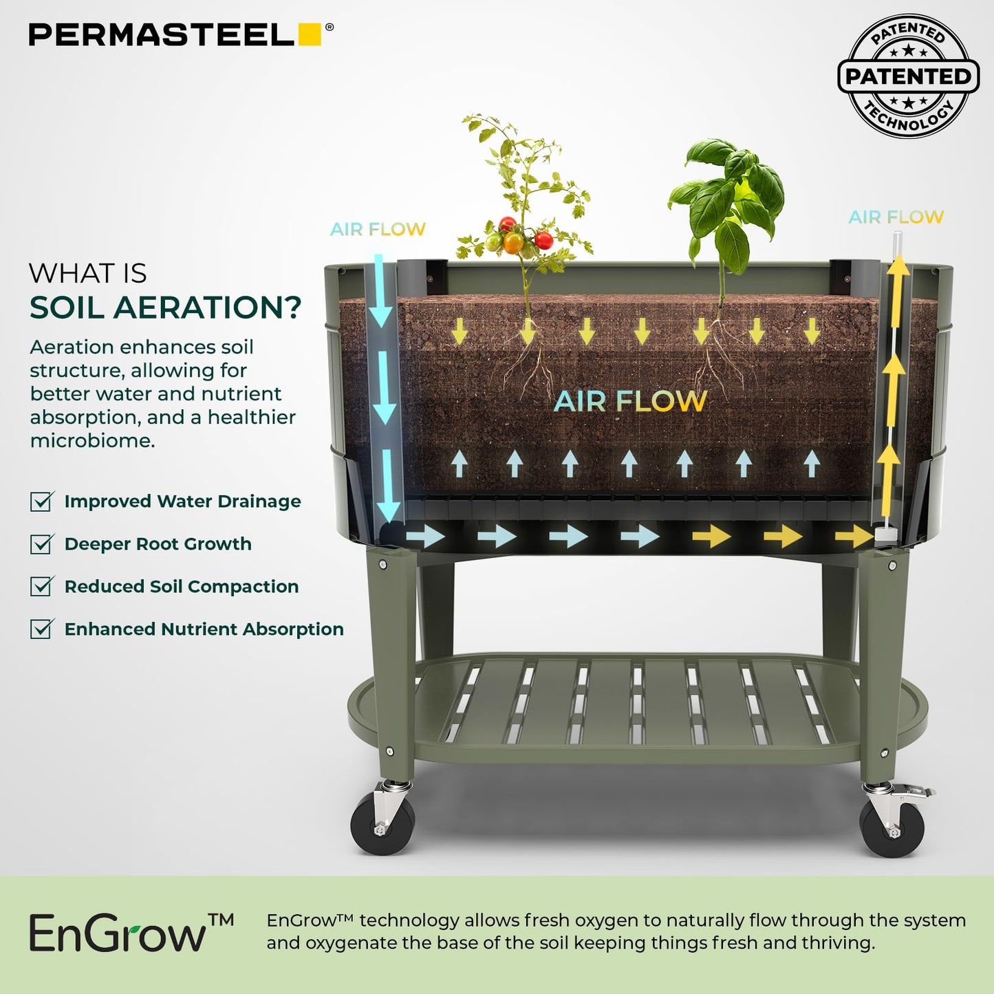 Permasteel Raised Garden Bed with Legs, Planter Box with EnGrow™ TrueSoil™ Technology for Vegetables, Flowers, Herbs, and Fruit, Outdoor Indoor, Storage Shelf, Caster Wheels, Green