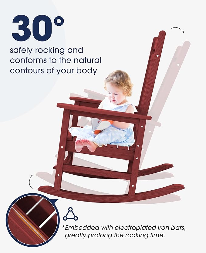 KINGYES Oversized Outdoor Rocking Chair Set of 2, All-Weather Patio Rocking Chairs for Porch, HDPE Outdoor Patio Rockers with High Back & Wide Seat for Garden, Lawn, Red