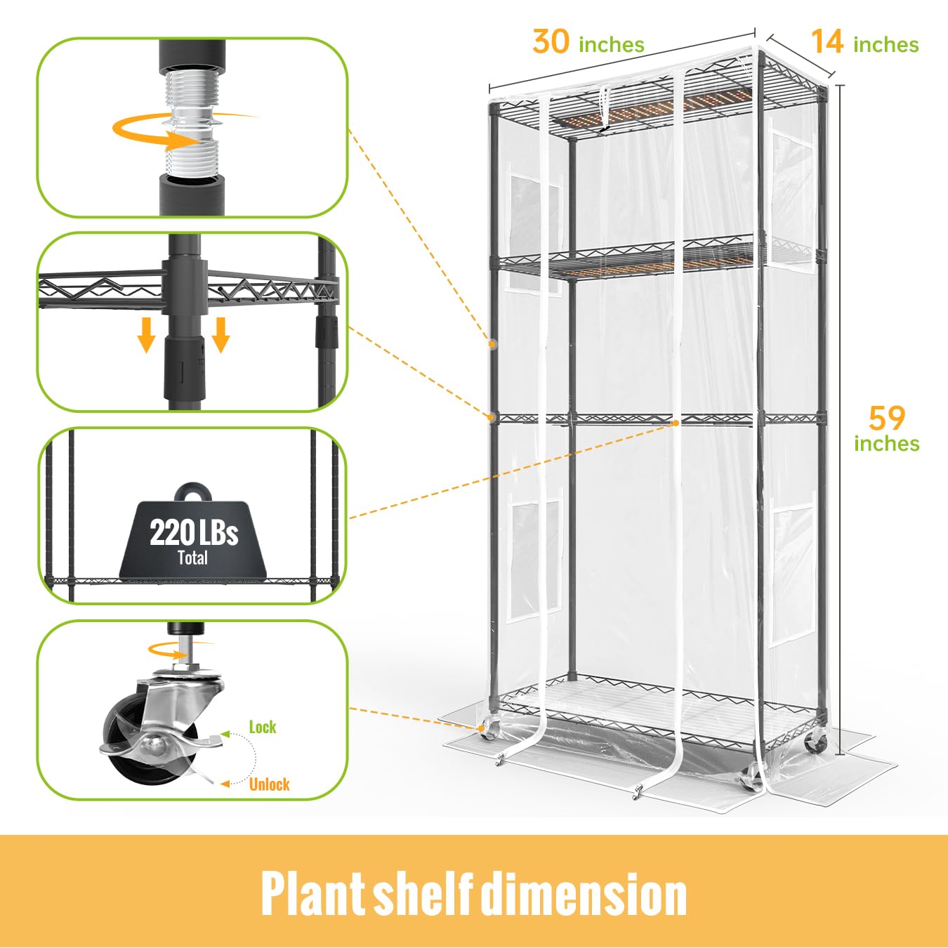 SpeePlant Indoor Greenhouse with Grow Light and Shelves - 4 Tier Plant Stand with Grow Light, Zippered PVC Cover and 3 Dimmable 1.8FT 60W Grow Lights with Timer, 30" L X 14" W X 59" H, Black