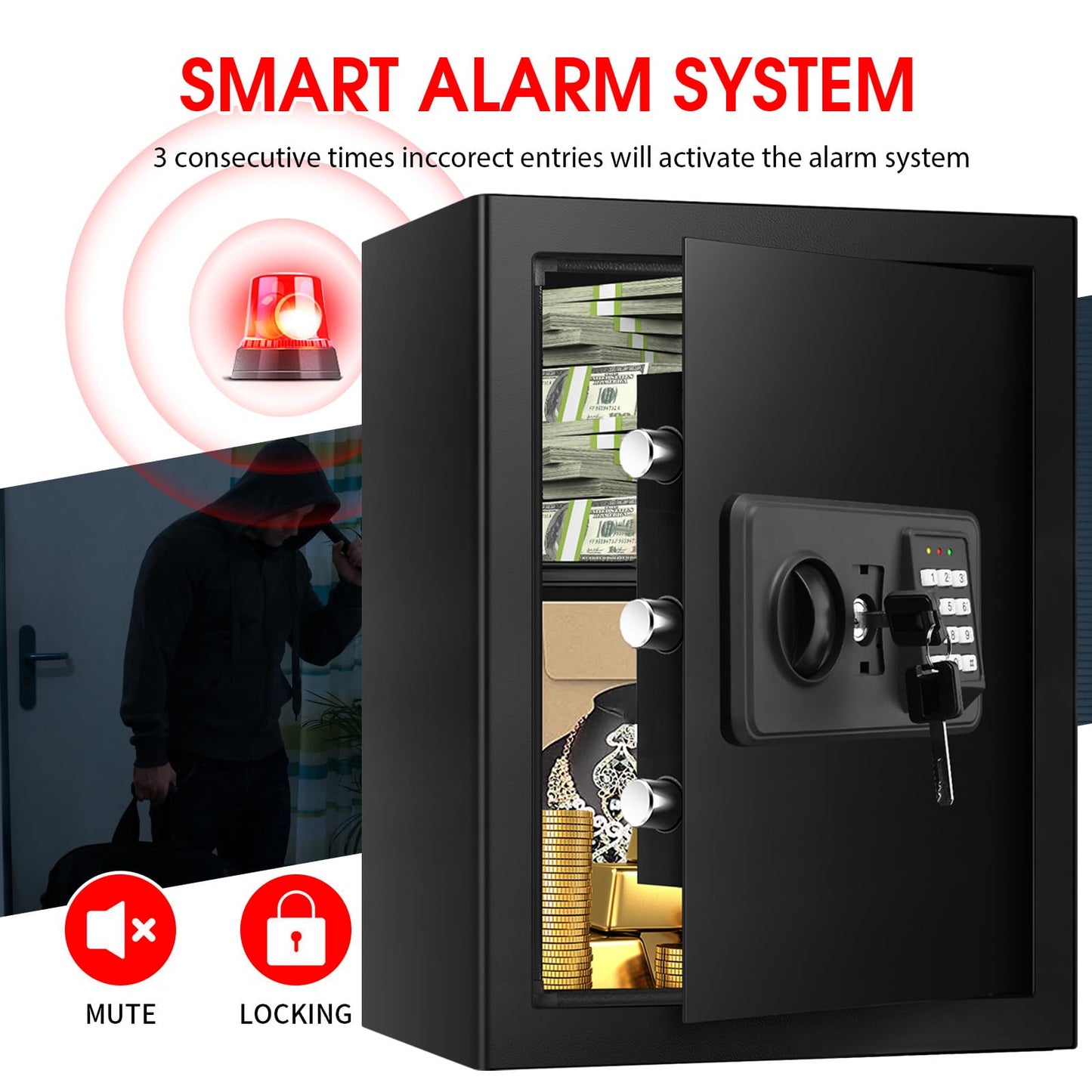 3.4 Cubic Home Safe Fireproof Waterproof, Fire Safe Box for Home with Digital Keypad, Key Lock and Alarm System, Anti-theft Security Safes Water and Fireproof for Document Medicine Money Valuables