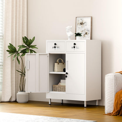 JINGUR Metal Storage Cabinet with Locking Doors and 2 Drawers, Lockable Storage Cabinet with Adjustable Shelf for Home Office Garage Entryway Pantry (White)