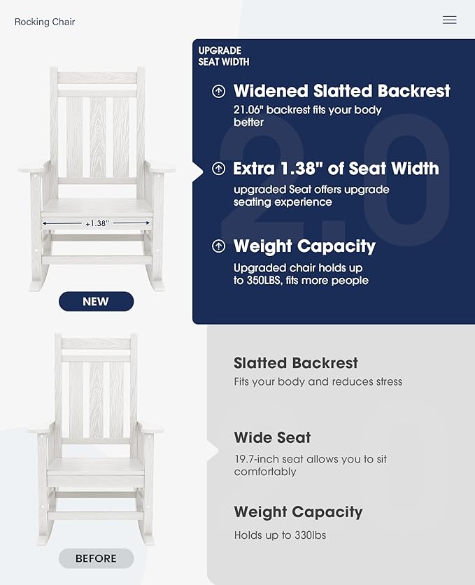 KINGYES Oversized Outdoor Rocking Chair Set of 6, All-Weather Patio Rocking Chairs for Porch, HDPE Outdoor Patio Rockers with High Back & Wide Seat for Garden, Lawn, White