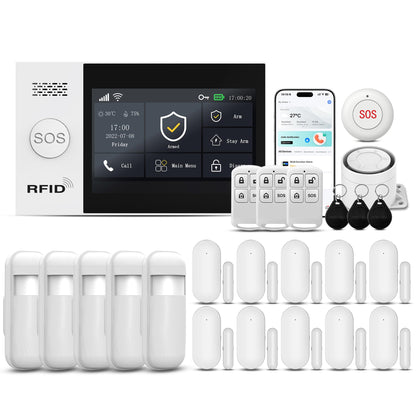 Wireless Alarm System for Home Security,4.3in Touch Screen 24PcsWiFi+GSM/4G Door/Window Home Security System,APP Control,SOSButton,Remotes,Compatible with Alexa,Real-Time Alert & App Control