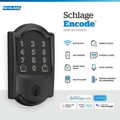 Schlage Encode Smart WiFi Deadbolt Lock for Front Door - Keyless Entry with App or Touchscreen - Works with Alexa, Hey Google, & Airbnb - Create Codes for Guests - Matte Black