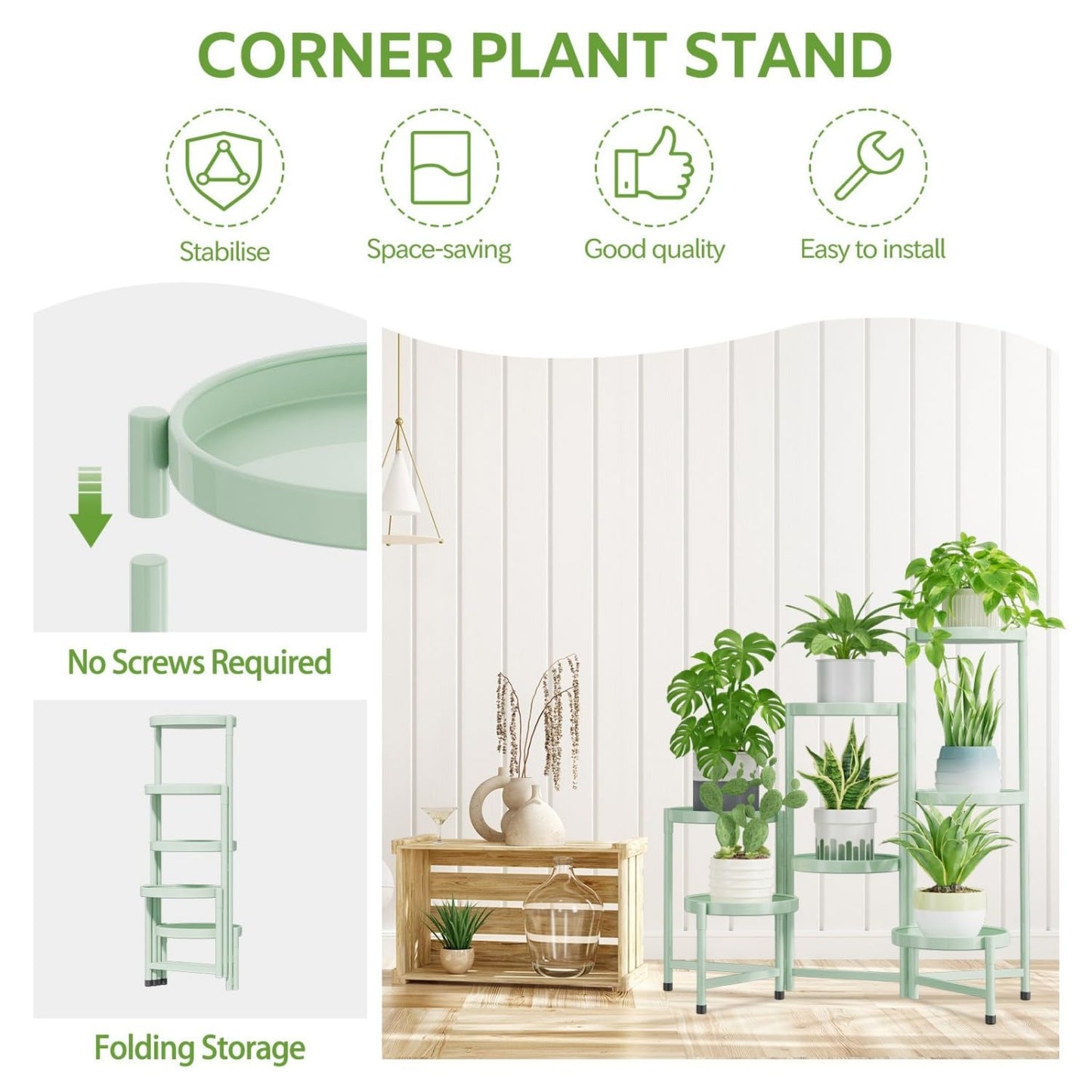 iDavosic.ly 7 Tier Large Plant Stand Indoor, 10 Inch Wide Tall Corner Metal Plant Stands Outdoor for Multiple Plants, Folding Tiered Flower Display Holder Rack Shelf, Light Green